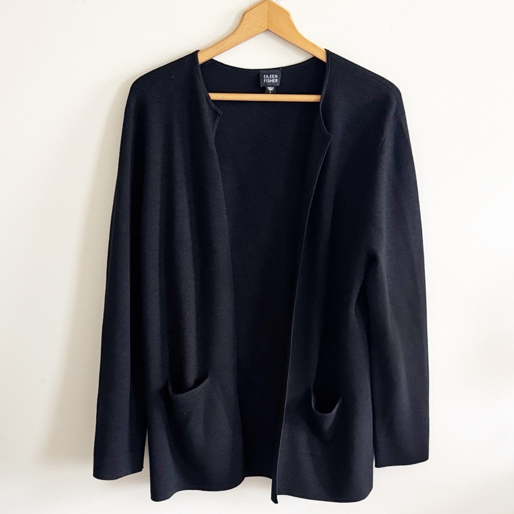 Eileen Fisher silk blend black open front long sleeve knit cardigan size Large